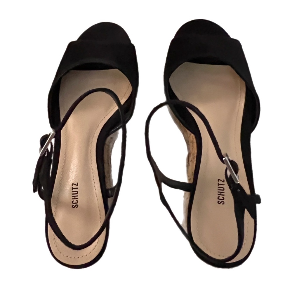 NWT $180 SCHUTZ | Heloise | Suede | Cork Platform Wedges in Black - Picture 6 of 12